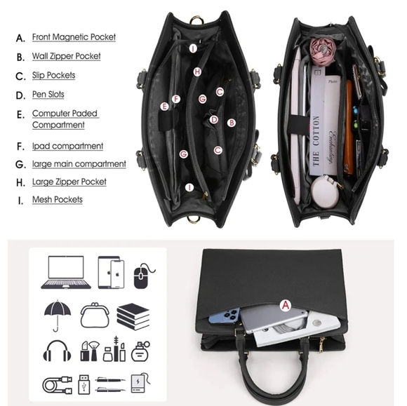 Laptop Bag for Women 15.6 Inch Tote Business Work Bag Leather Waterproof - Black - Picture 3 of 14